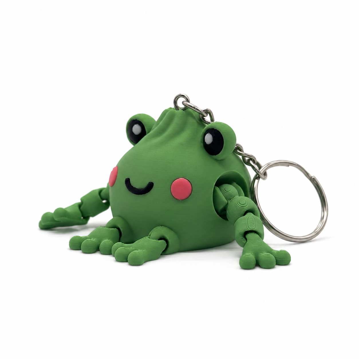 Wasabi the Frog keychain, a mini 3D printed flexi frog dumpling figure on a steel chain