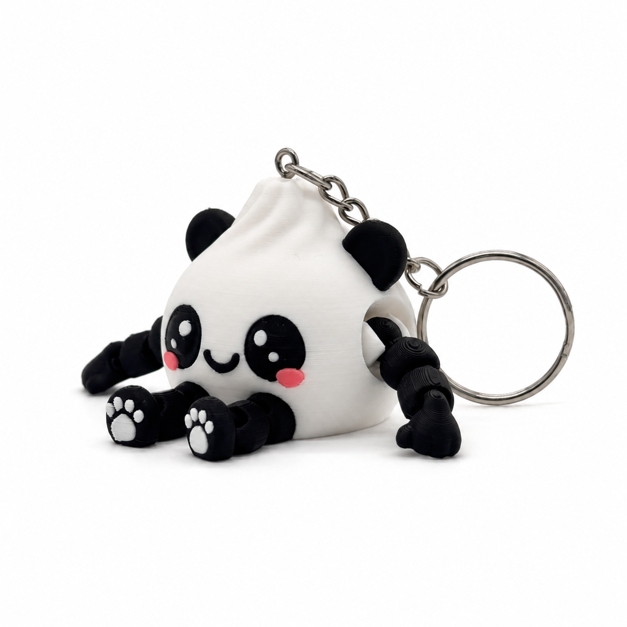Bao the Panda keychain, a mini 3D printed flexi panda dumpling figure on a steel chain