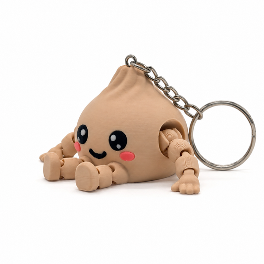 Dumplin keychain, a mini 3D printed flexi dumpling figure on a steel chain